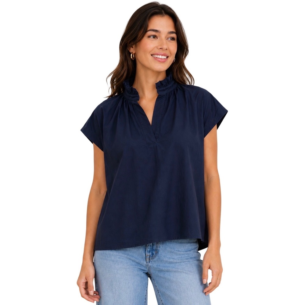NWT Never A Wallflower Ruffle Neck Navy Blue Cotton Poplin Blouse XS